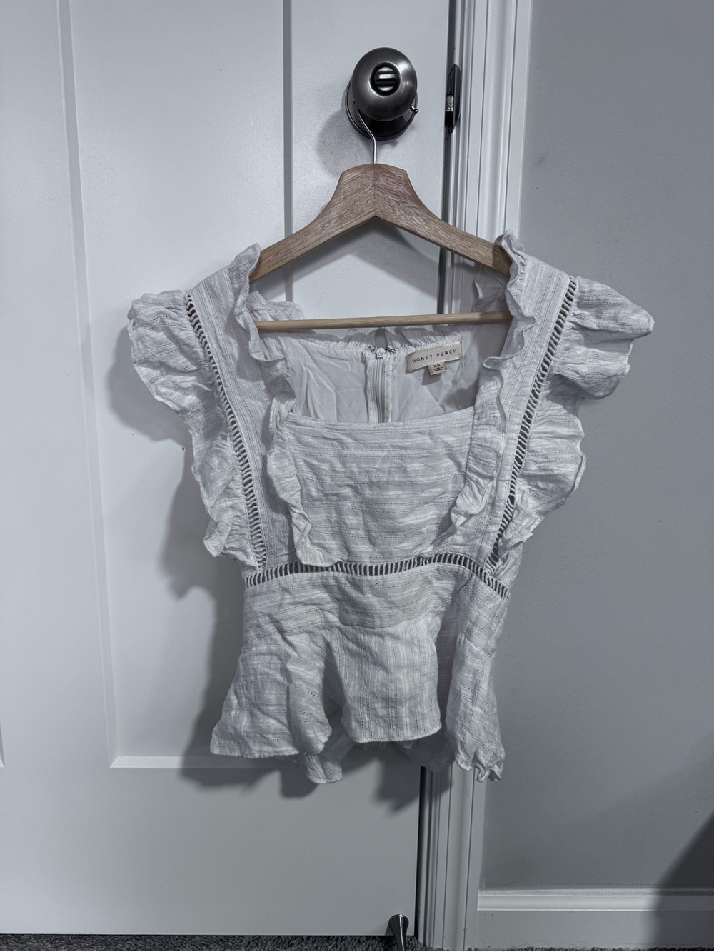 Honey Punch White Ruffle-Trim Square Neck Blouse
